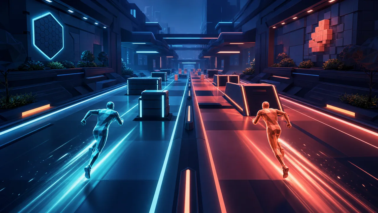 Deux personnages abstraits dans un jeu de course d’arcade
